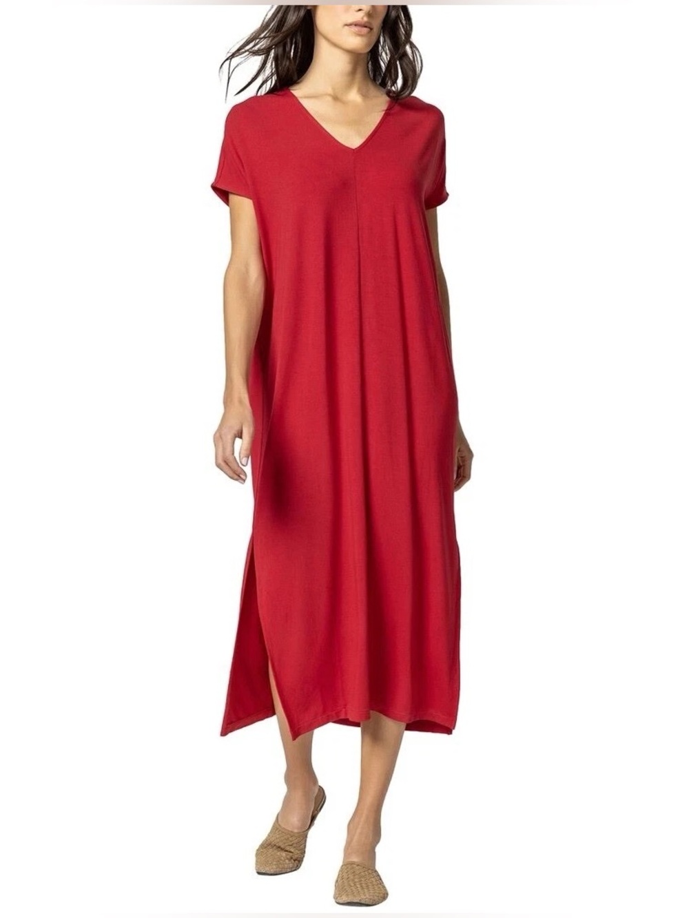 LILLA P Double V-Neck Short Sleeve Maxi Dress in Ruby Red Size Medium